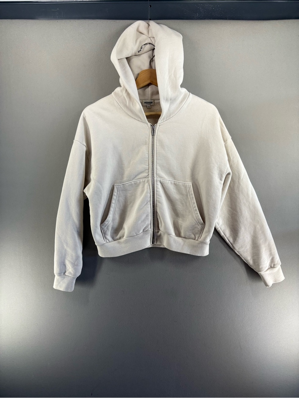 Asher Los Angeles Rosie Zip Hoodie Size XS Cream Cropped Pockets Made USA